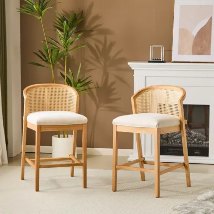 Upholstered Counter Stools Set of 2 – Rubberwood Frame with Comfortable Backrest