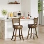 Rattan Swivel Bar Chairs with Upholstered Seat – Rubberwood Frame, Counter Height