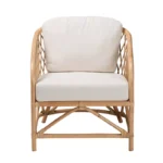 Modern Bohemian White Fabric and Natural Brown Rattan Armchair - Image 5