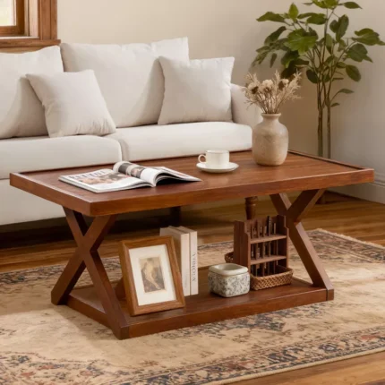 Solid Oak Coffee Table, 2-Tier Modern Farmhouse Rectangle Table with Open Shelf