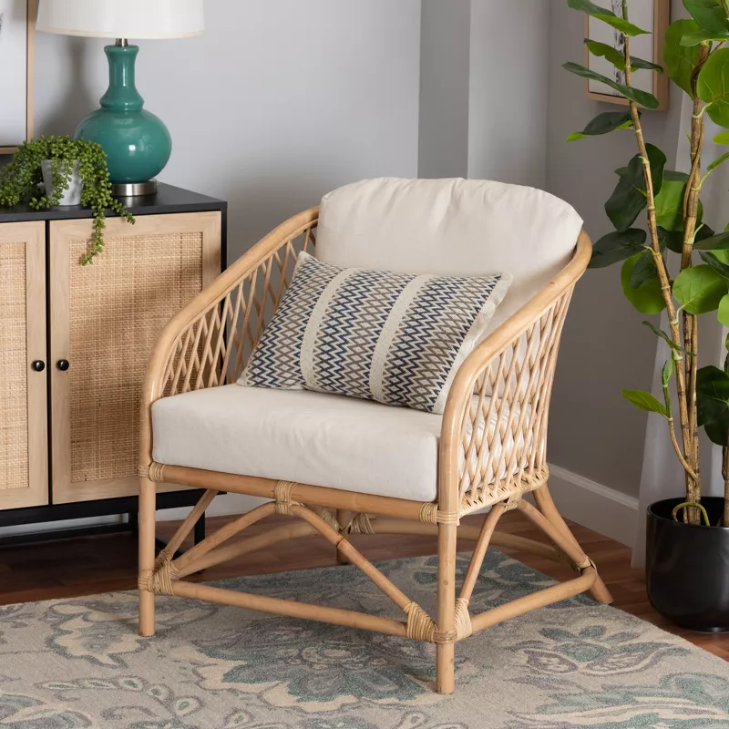 GUEST_d44af475-990e-4968-9b5a-e0c4f16ad448 Modern Bohemian White Fabric and Natural Brown Rattan Armchair - Image 1