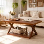 Solid Oak Coffee Table, 2-Tier Modern Farmhouse Rectangle Table with Open Shelf - Image 4