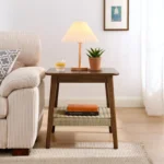 Storage Mid-Century Side Table with Woven Shelf – Yellow Accent End Table