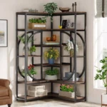 7-Tier Corner Bookshelf – Brown & Black Metal Open Shelf Storage Unit - Image 4