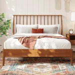Mid-Century Modern Solid Bamboo Wood Spindle Platform Bed Frame