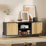 TV Stand for 75-Inch TVs with Adjustable Shelf & Rattan Door – Black Media Console