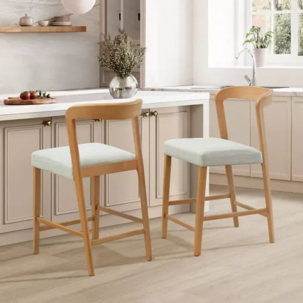 Upholstered Counter Stools with Curved Open Back Set of 2 – Rubberwood Frame