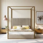 Queen Size Upholstered Canopy Platform Bed with 4-Poster Metal Frame