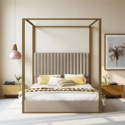 Queen Size Upholstered Canopy Platform Bed with 4-Poster Metal Frame