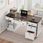 Fluted Executive Desk with Drawers – Wooden Home Office Desk with File Cabinet - Image 4