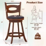 Set of 2 Counter Height Bar Stools with Leather Padded Seat – Solid Rubberwood Frame - Image 5