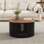 Round Acacia Wood Coffee Table with Slatted Base