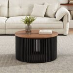 Round Acacia Wood Coffee Table with Slatted Base - Image 6