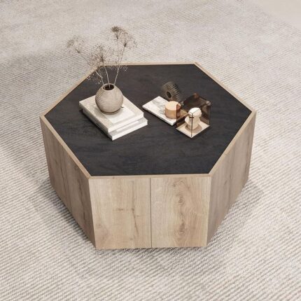 Hexagonal Wood Coffee Table with Dual Storage, Rustic Rural Style