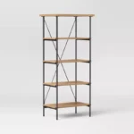 Wood & Metal Media Tower Bookcase – 5-Tier Storage Shelf in Natural Finish for Home & Office - Image 5