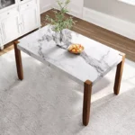 Rectangular Faux Marble Dining Table for 4 with Rubber Wood Legs – White Top & Brown Frame - Image 6