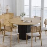 Solid Wood Round Dining Table for 4–6 People with Arc-Shaped Edge & Textured Pedestal