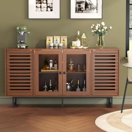 Sideboard Buffet Cabinet with Tempered Glass Doors, Built-In Display Lighting & Adjustable Shelves