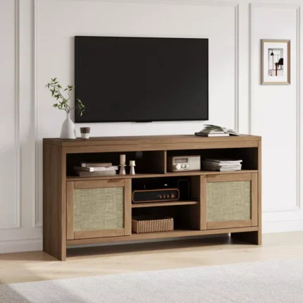Wooden TV Stand with 4 Open Shelves and 2 Door Cabinets