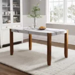 Rectangular Faux Marble Dining Table for 4 with Rubber Wood Legs – White Top & Brown Frame