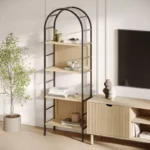 Wooden 4-Tier Rattan Arched Bookshelf – Decorative Bookcase with Metal Frame - Image 6