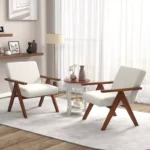 2 PCS Modern Accent Chair Linen Fabric Armchair with Solid Acacia Wood