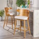 Set of 2 Mid-Century Modern Barstools – Solid Rubberwood Frame, Bar Height Design