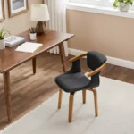 Leather Swivel Accent Dining Chair with Wooden Arms and Legs - Image 2