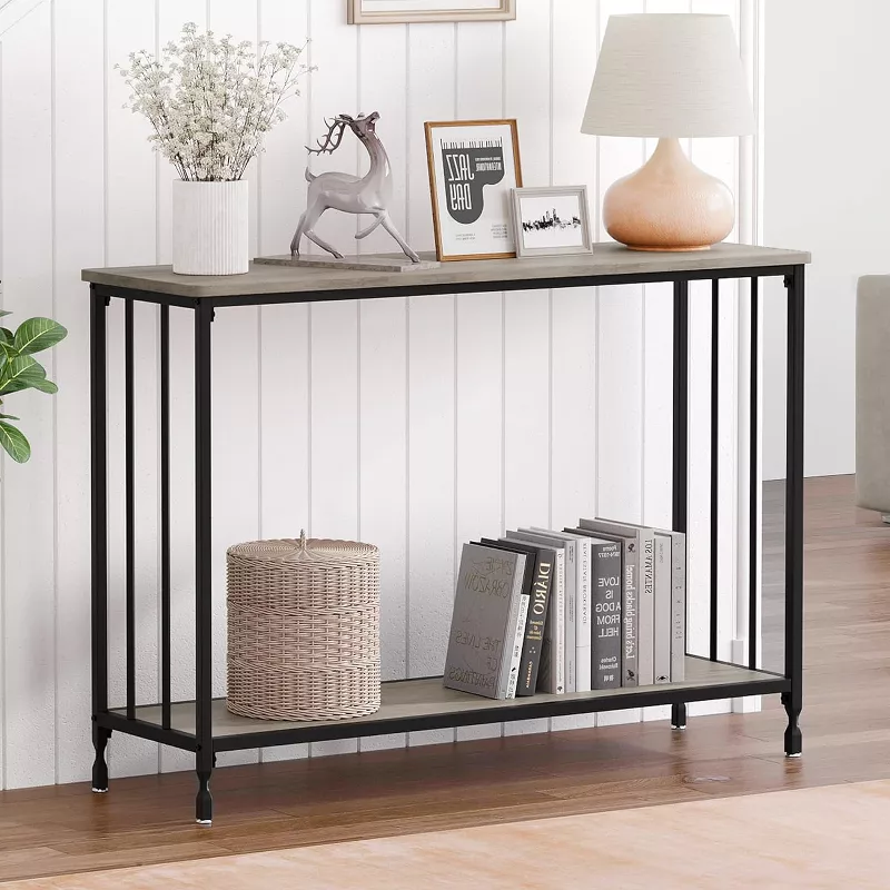 GUEST_fc3103df-e9f9-4889-b9ff-5cfb9779c8d3 Narrow Console Table with Engineered Wood Shelf and Black Metal Frame - Image 1