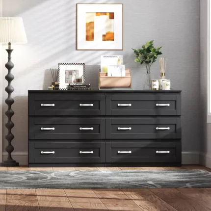 Modern Wooden Chest of 6 Drawers with Metal Handles – Wide Storage Dresser