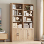 Modern Oak Storage Bookcase with Doors & 8 Open Shelves – 12-Tier Vertical Display Unit